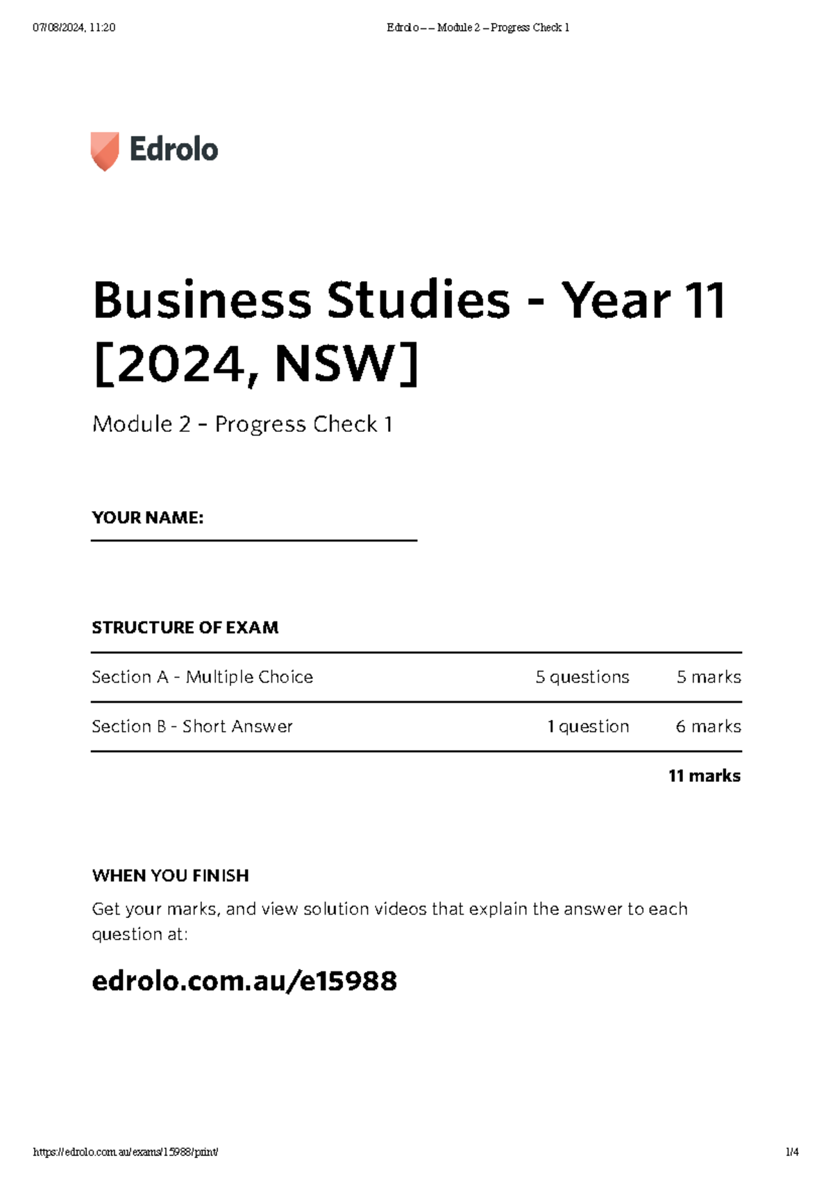 Business Studies Year 11 - Module 2 Progress Check 1 Review - Studocu