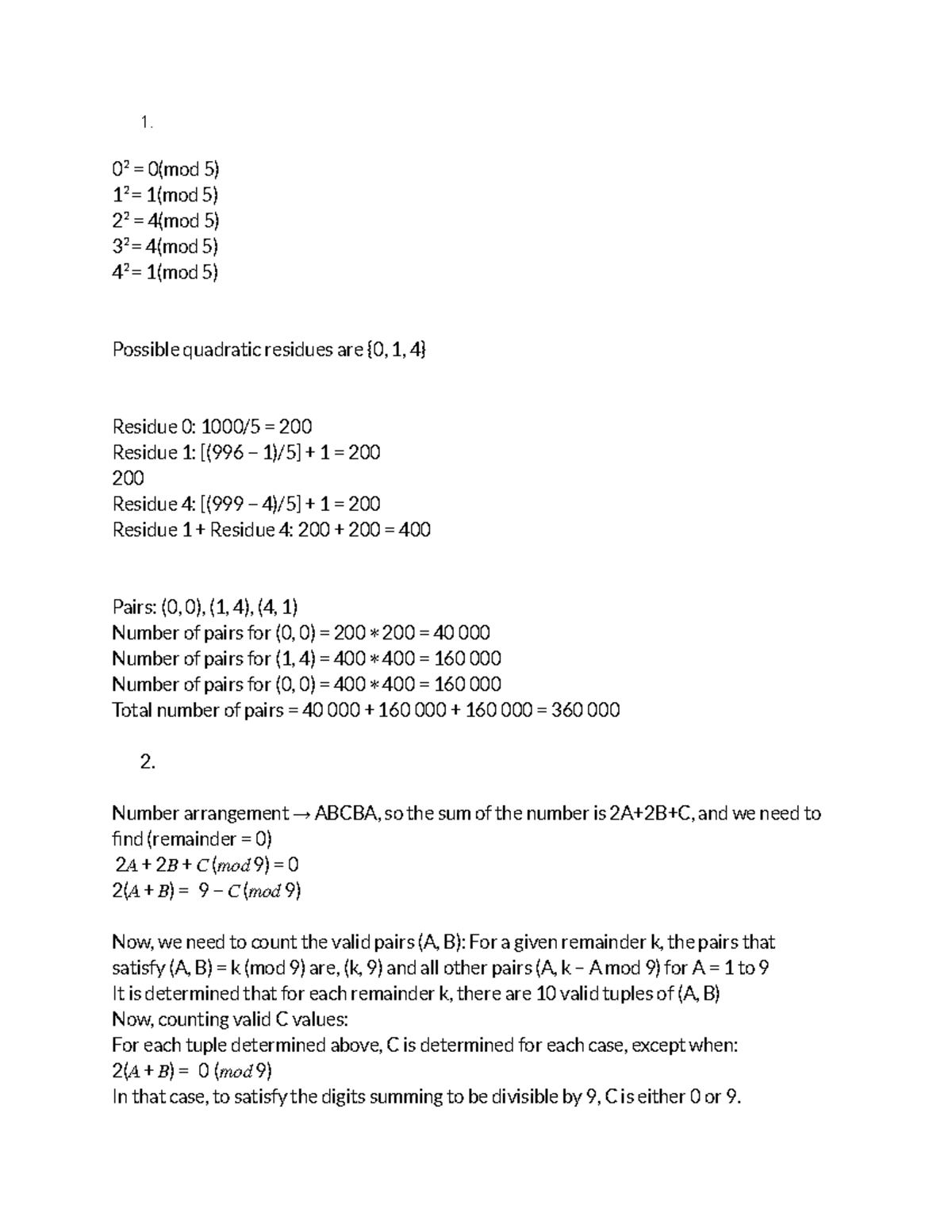 COMP 2804 Assignment 1 - 02 = 0(mod 5) 12 = 1(mod 5) 22 = 4(mod 5) 32 ...