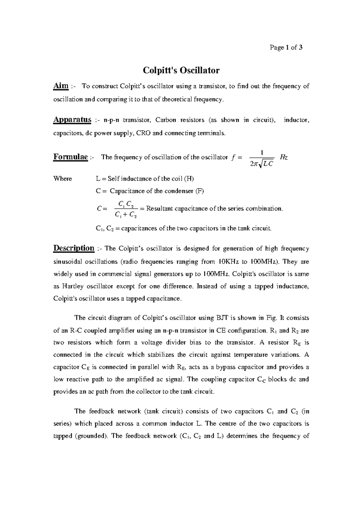 Colpitts-oscillator - Not much info. - Page 1 of 3 Colpitt's Oscillator ...