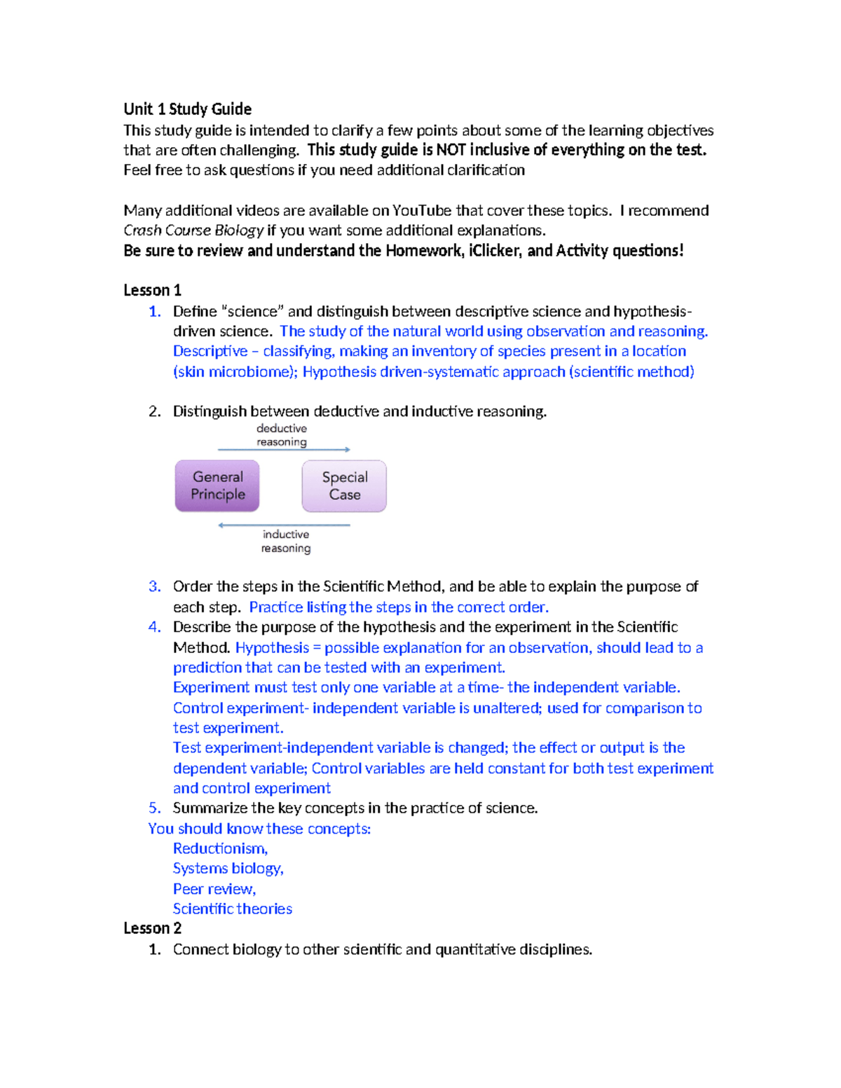 BIOL 1105 Unit 1 Test 1 Study Guide F24: Key Concepts & Insights - Studocu
