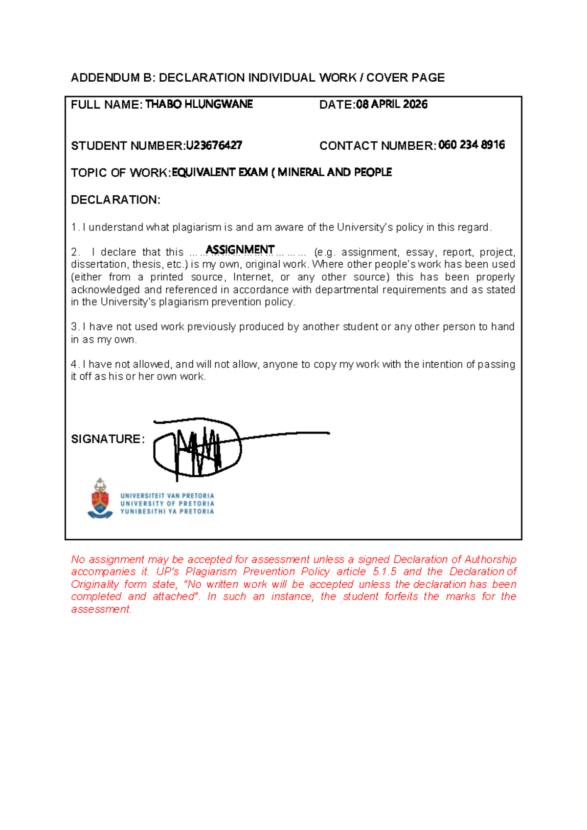 Addendum B: Declaration of Originality for Equivalent Exam (MIN 101 ...