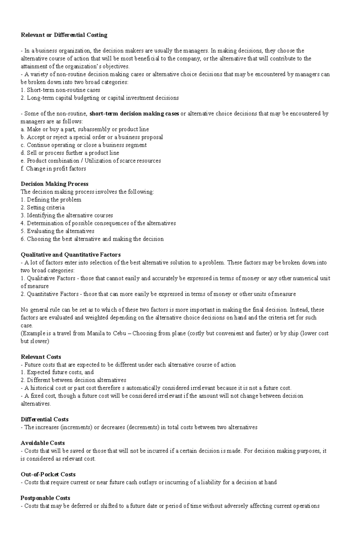 Relevant Costing - Detailed Study Notes on Decision Making - Studocu