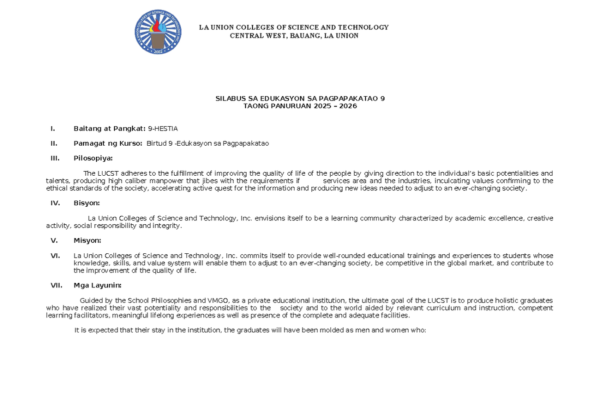 ESP 9 Syllabus for Edukasyon sa Pagpapakatao 2025-2026 - Studocu