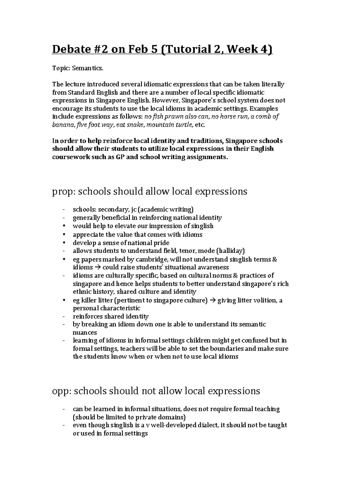 Debate Notes: Tutorial 2 (Week 4) on Semantics and Local Expressions ...