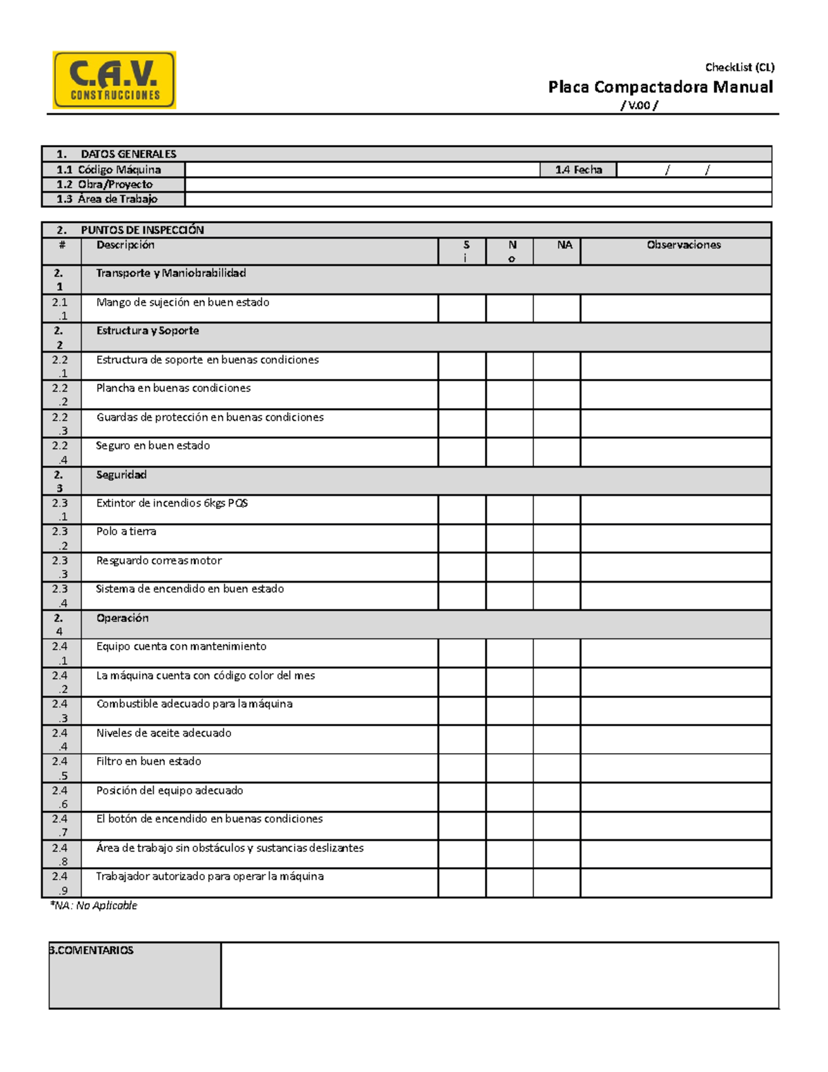 Check List de Inspección para Placa Compactadora Manual - Studocu