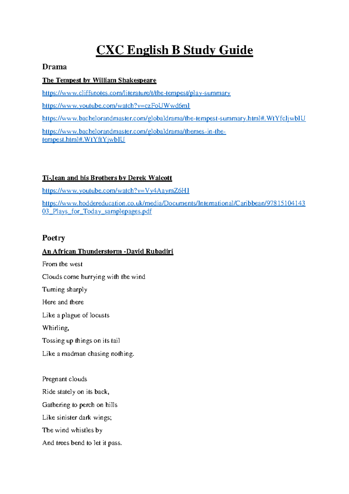 CXC English B Final Exam Study Guide: Drama & Poetry Analysis - Studocu