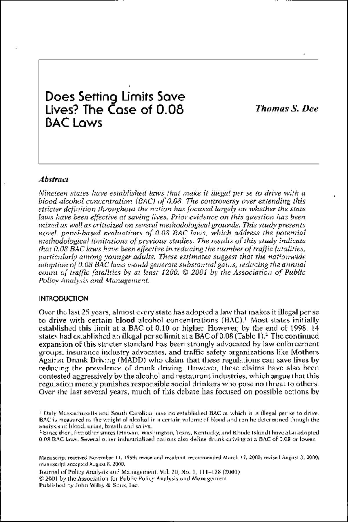 Evaluating the Impact of 0.08 BAC Laws on Traffic Fatalities - Does ...