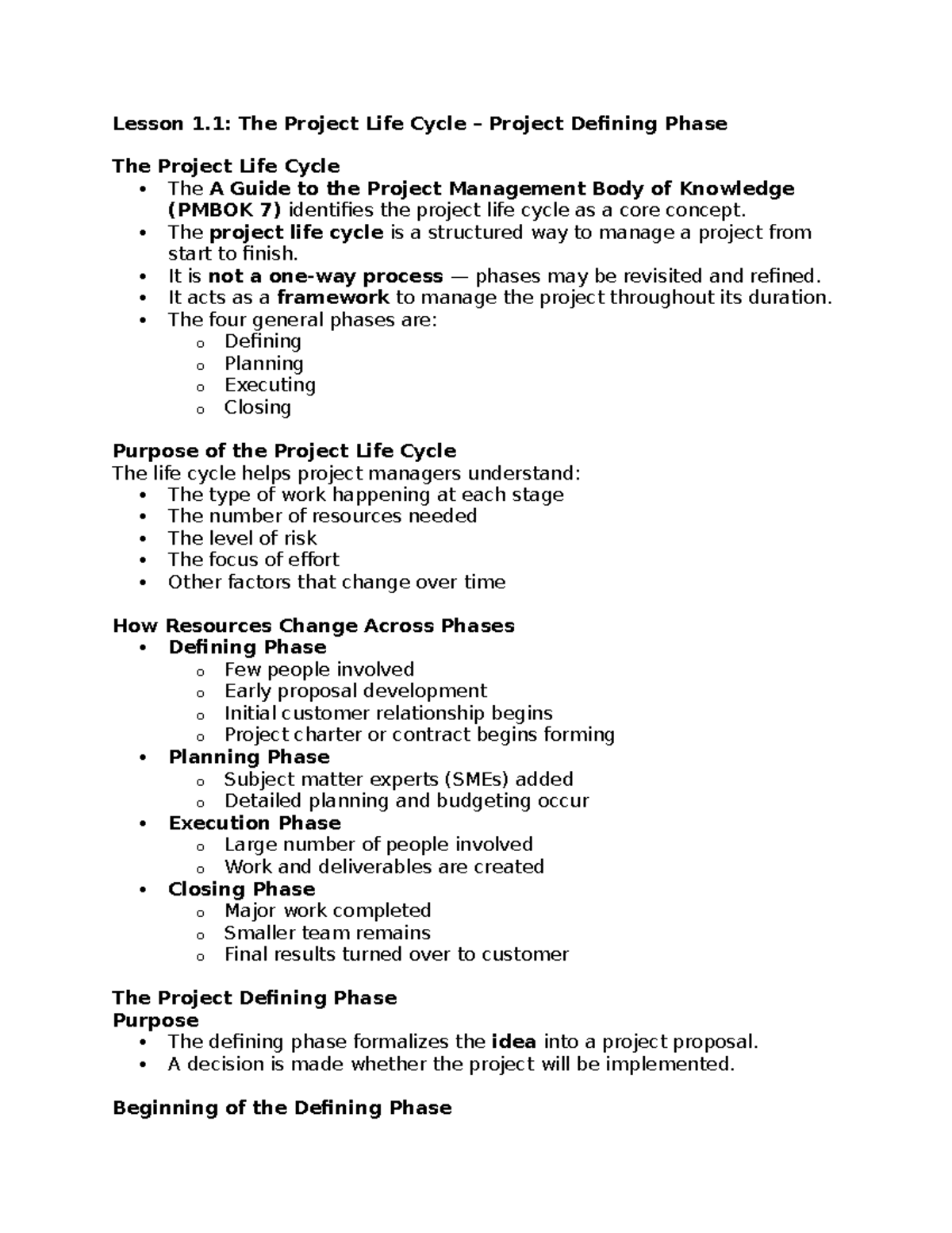 C722 Lesson 1.1: Understanding the Project Life Cycle and Defining ...