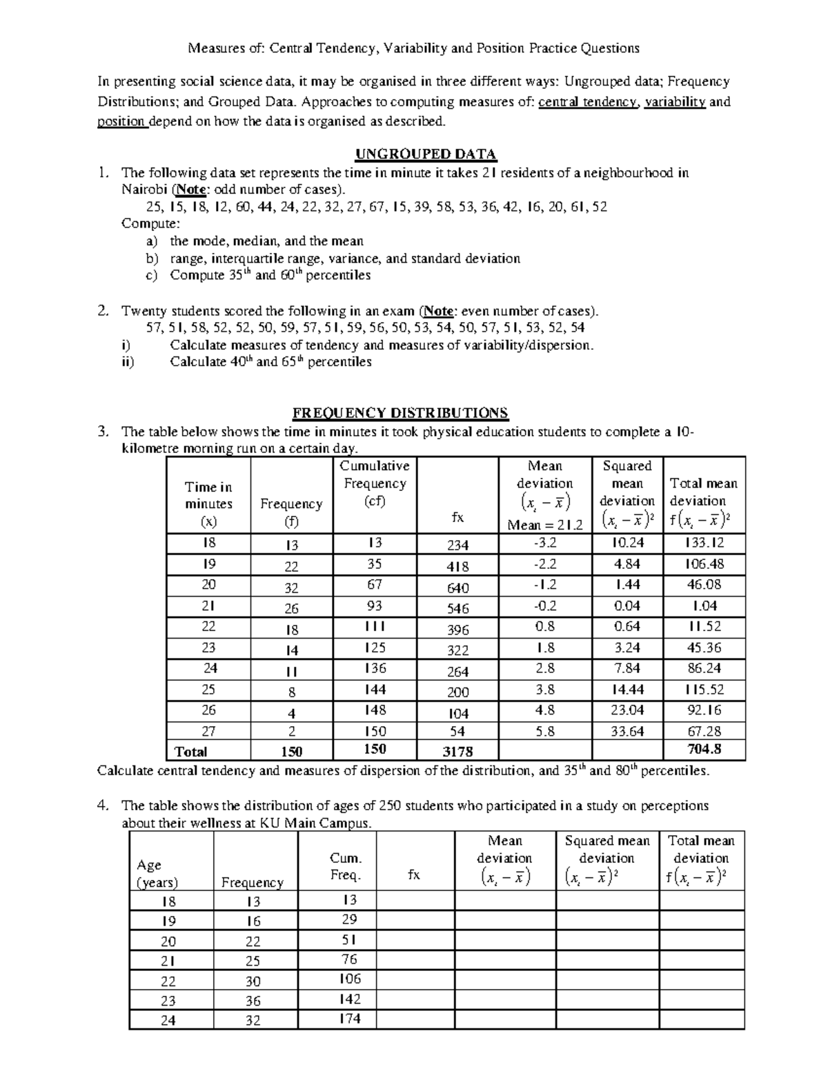 Central Tendency & Variation Practice Exercises - CS101 - Studocu