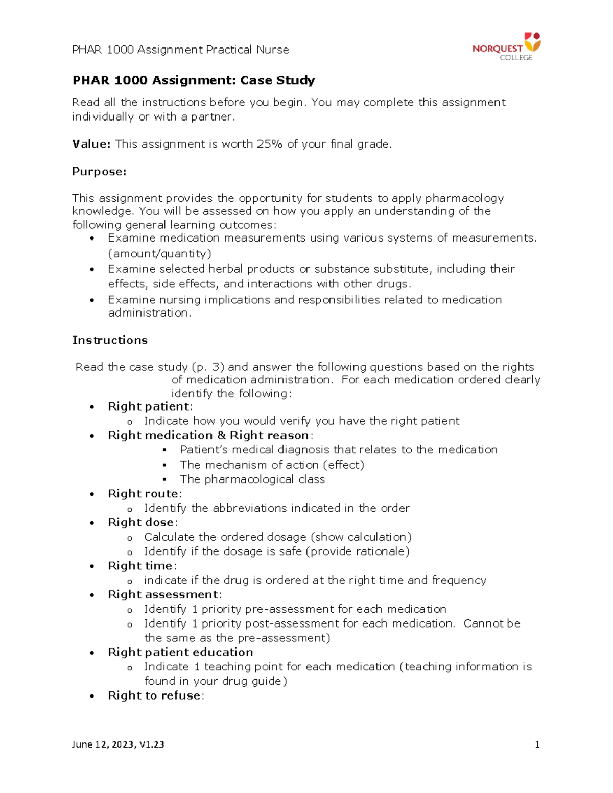 PHAR 1000 Assignment: Case Study on Medication Administration - Studocu