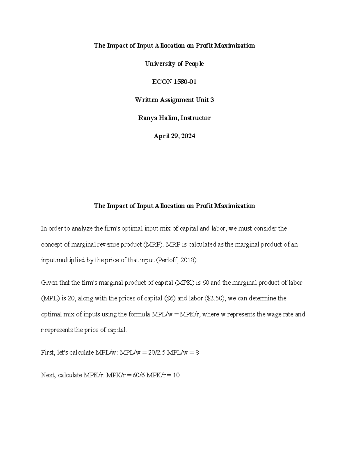 ECON Unit 3 Written Assignment: Input Allocation & Profit Maximization ...