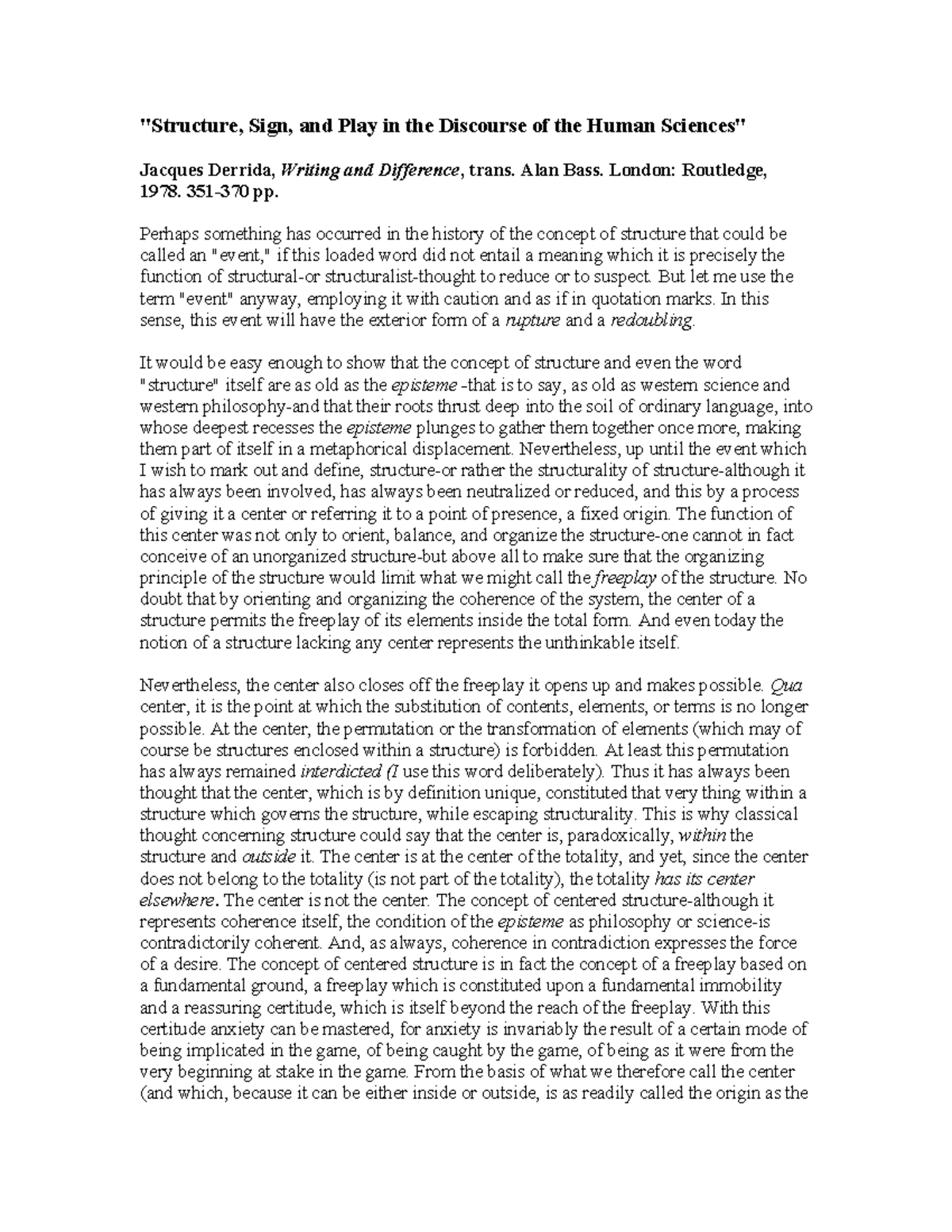 Structure, Sign, and Play in the Discourse of the Human Sciences ...