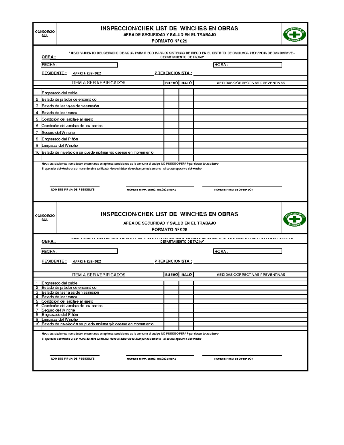 Inspección Winches en Obras - Chek List Formato Nº 029 - Studocu