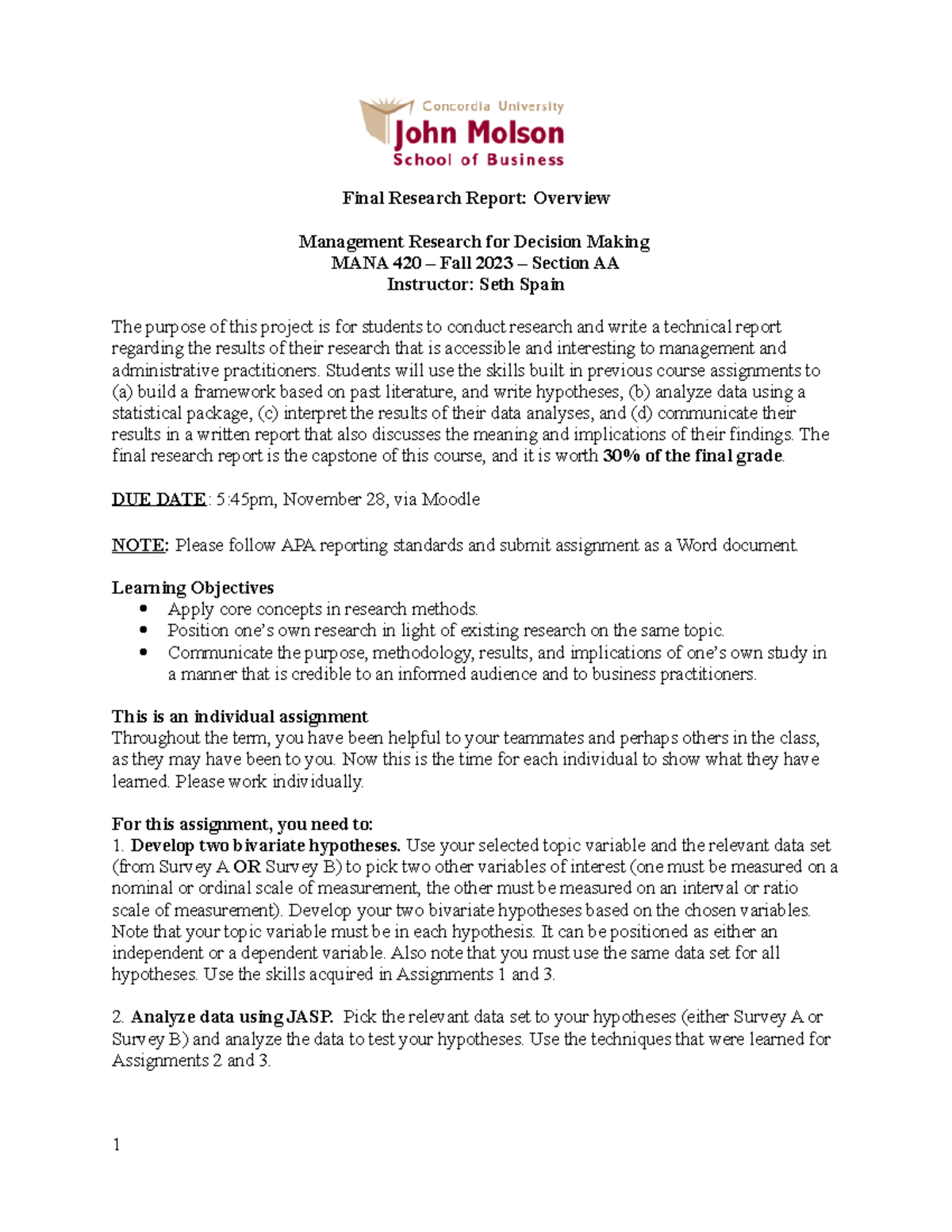 MANA 420 Final Project Overview F2023 - Final Research Report: Overview ...