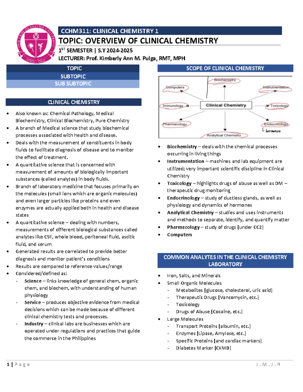 CCHM311: Overview of Clinical Chemistry - 1st Semester Lecture Notes ...