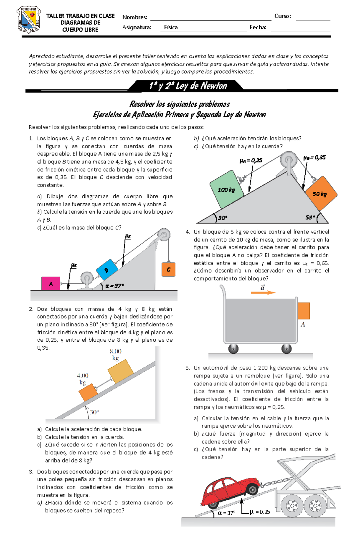 Taller 10: Ejercicios sobre la Primera y Segunda Ley de Newton  - Document Preview