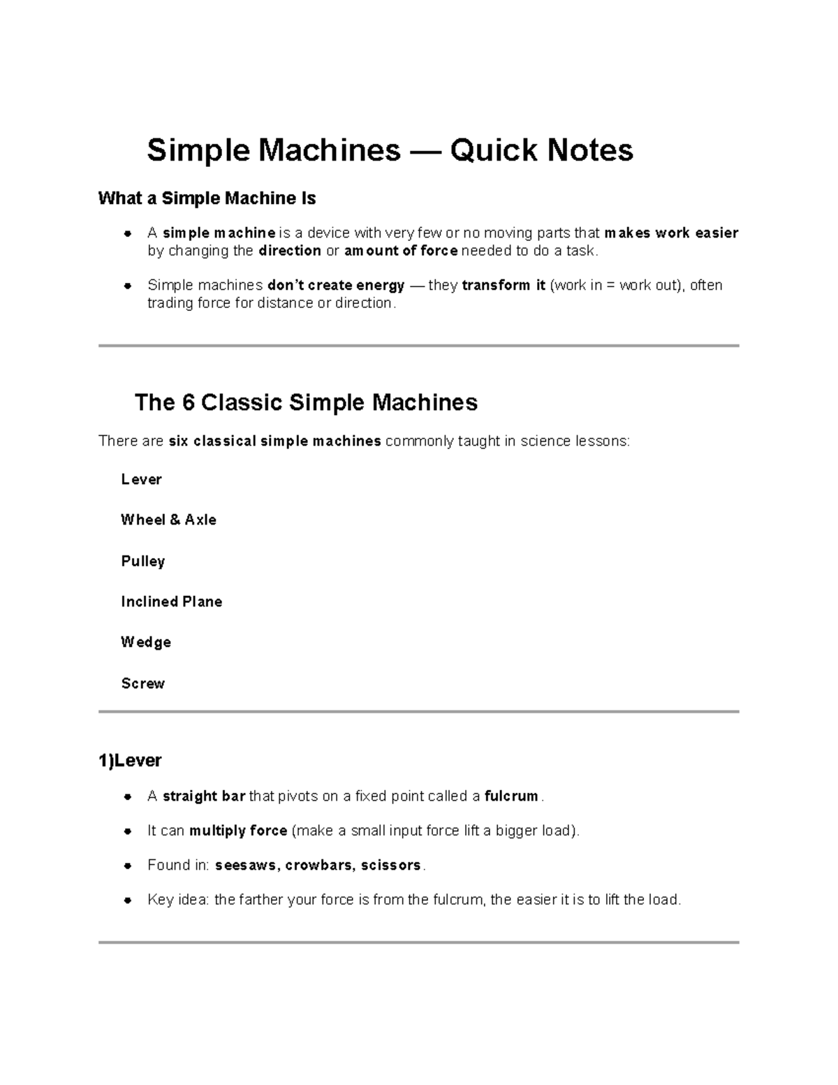 📘 Simple Machines (SCI101) - Quick Study Notes for Exams - Studocu