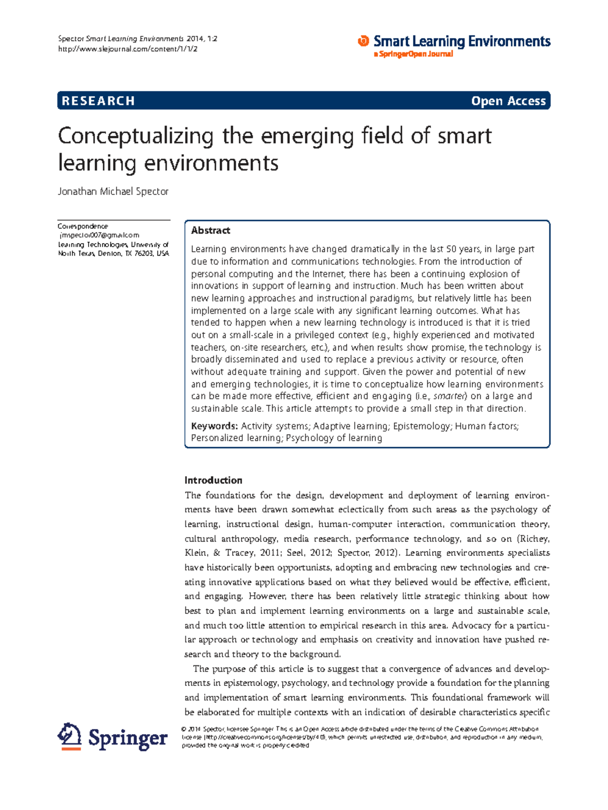 Smart Learning Environments: Conceptual Framework and Insights (2014 ...