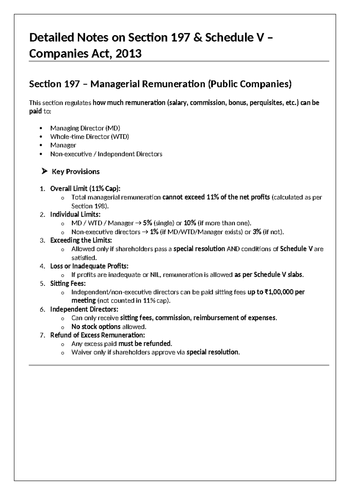 Sec. 197 & Schedule V: Managerial Remuneration Notes - Studocu