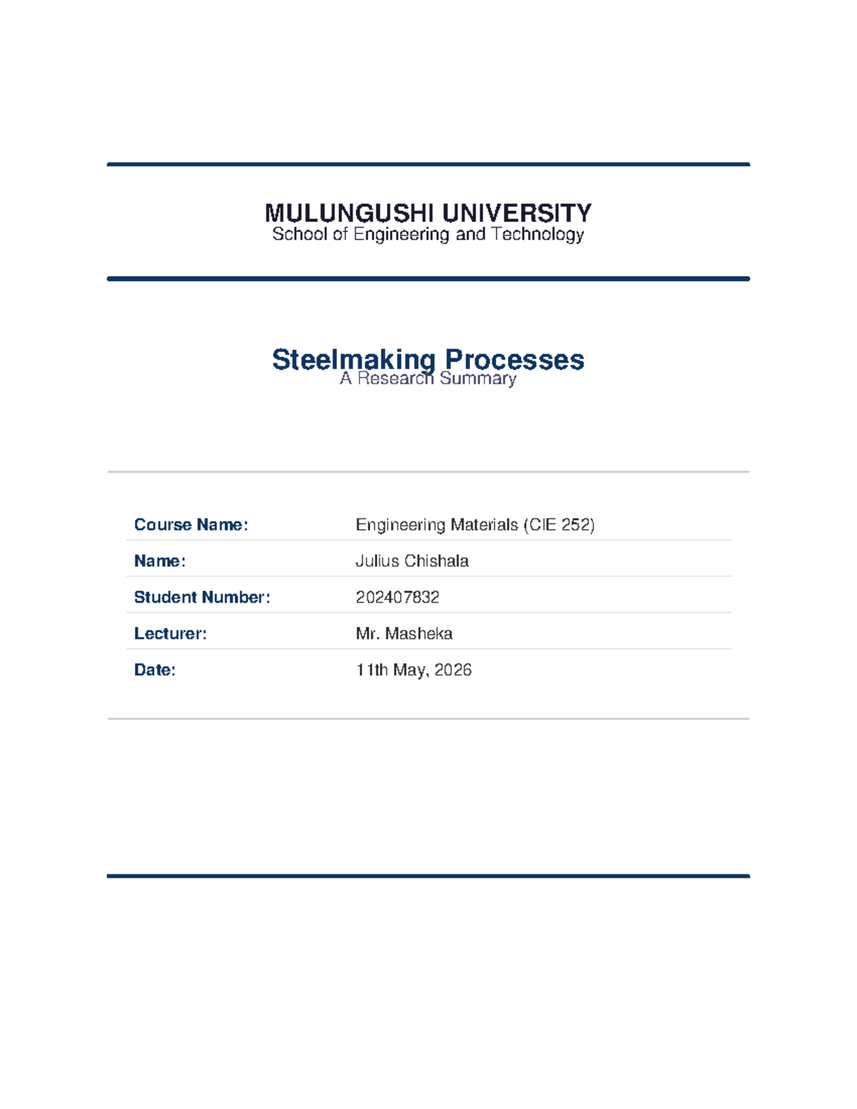 CIE 252 Engineering Materials: Steelmaking Processes Summary - Studocu