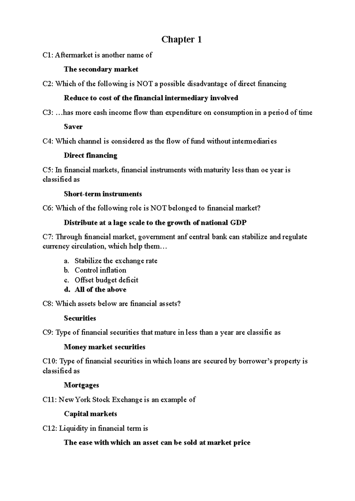 Chapter 1-4 Financial Markets Overview and Key Concepts C1-C7 - Studocu