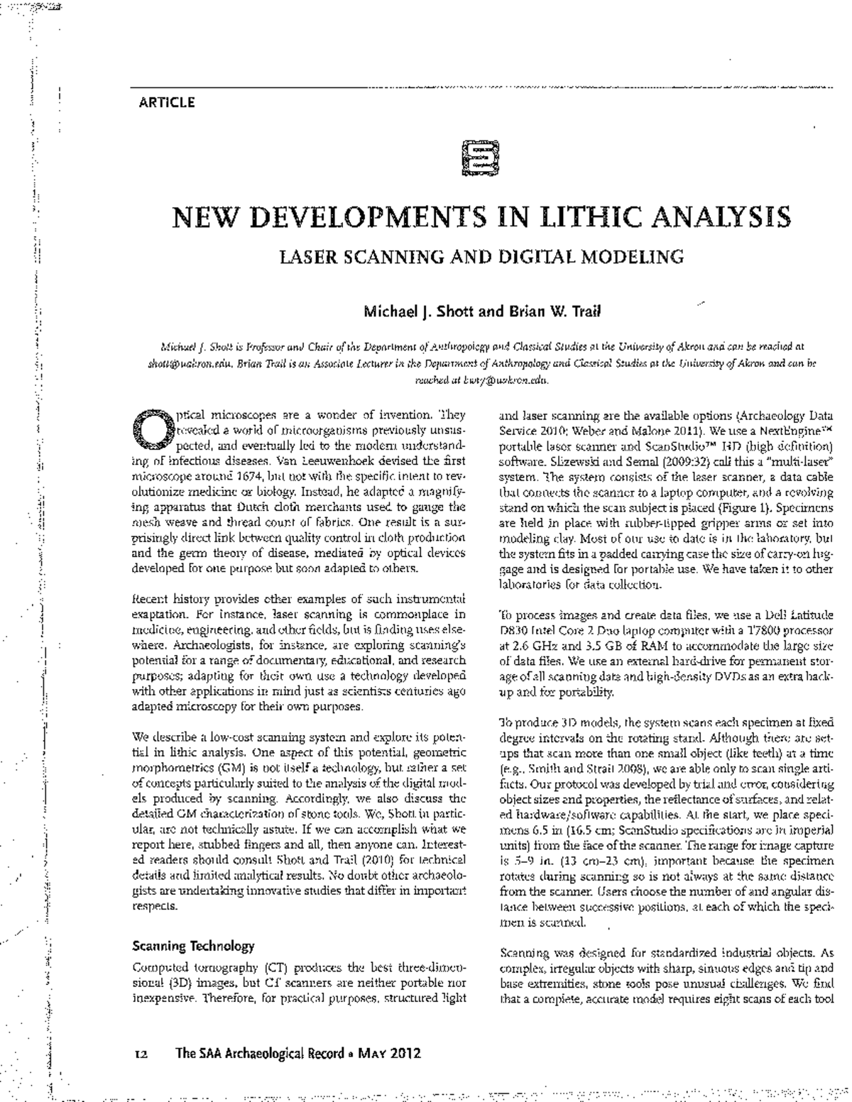 New Developments in Lithic Analysis: Laser Scanning & Digital Modeling ...