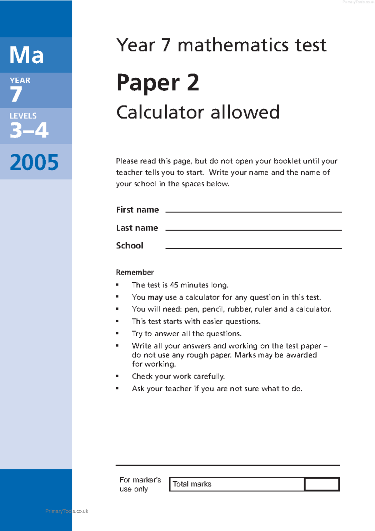 Maths year 7 test - mat - Year 7 mathematics test Paper 2 Calculator ...
