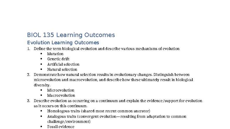 BIOL 135 Evolution and Genetics Learning Outcomes Summary - BIOL 135 ...