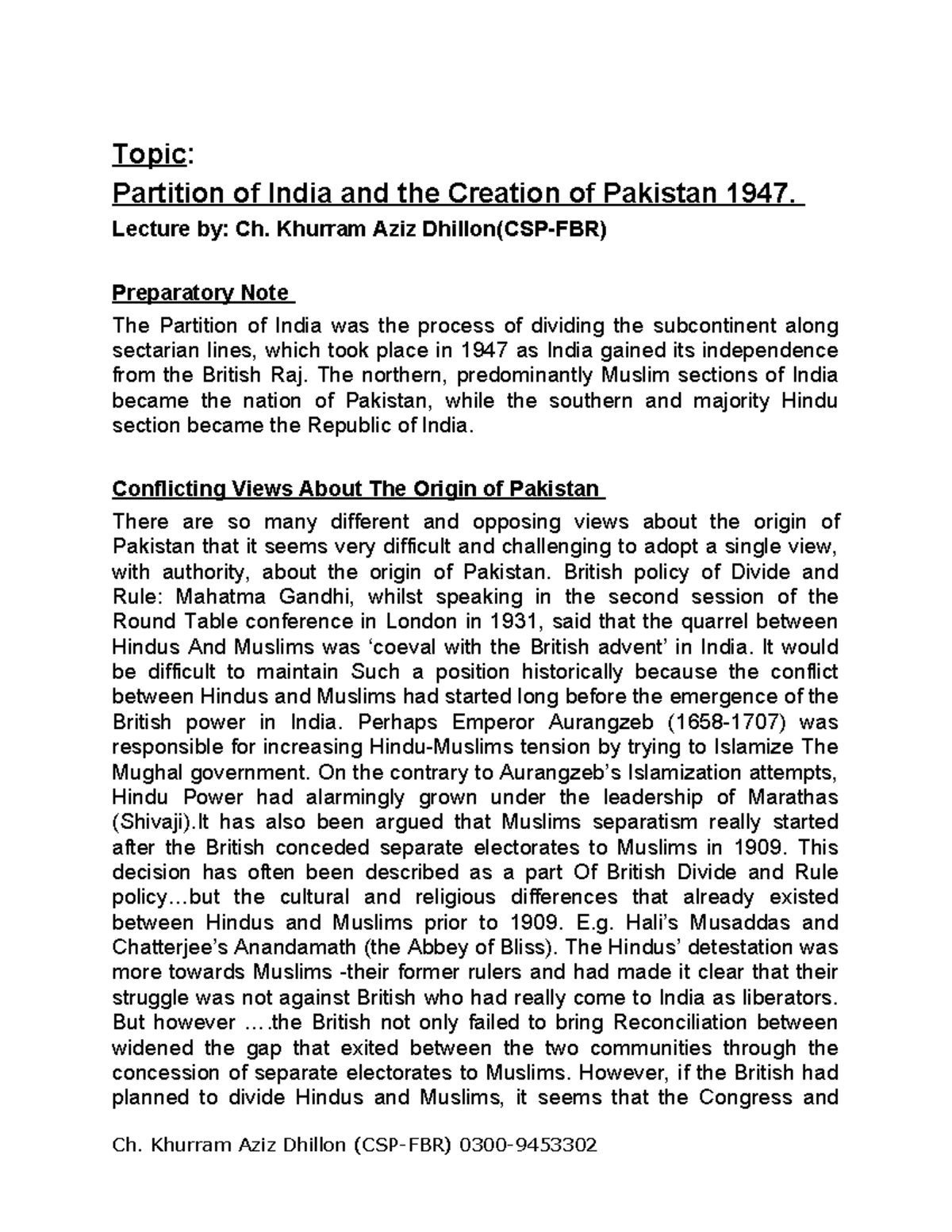Partition of India and the Creation of Pakistan: A Lecture by Ch ...