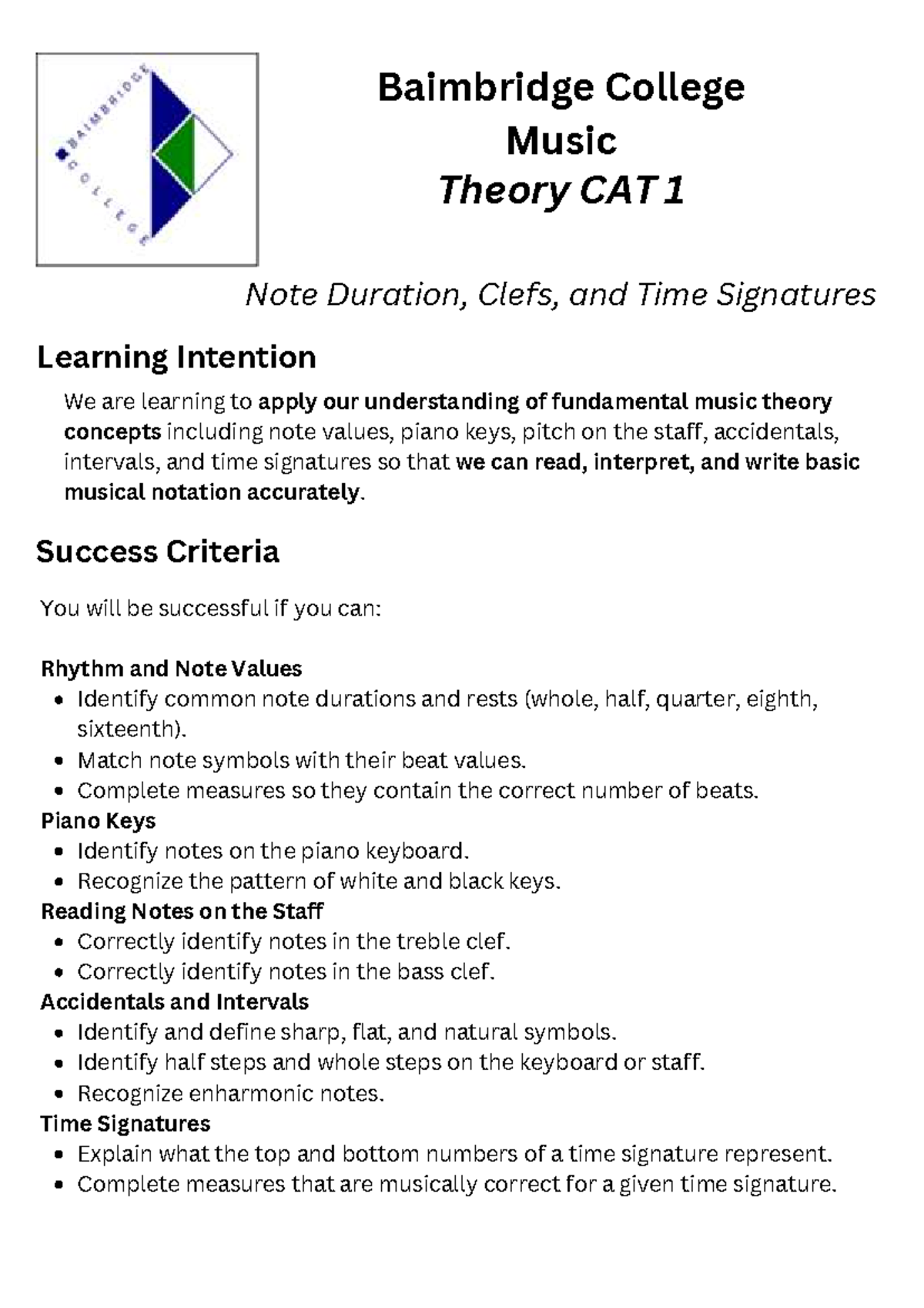 Baimbridge College Music Theory CAT 1: Note Duration & Time Signatures ...