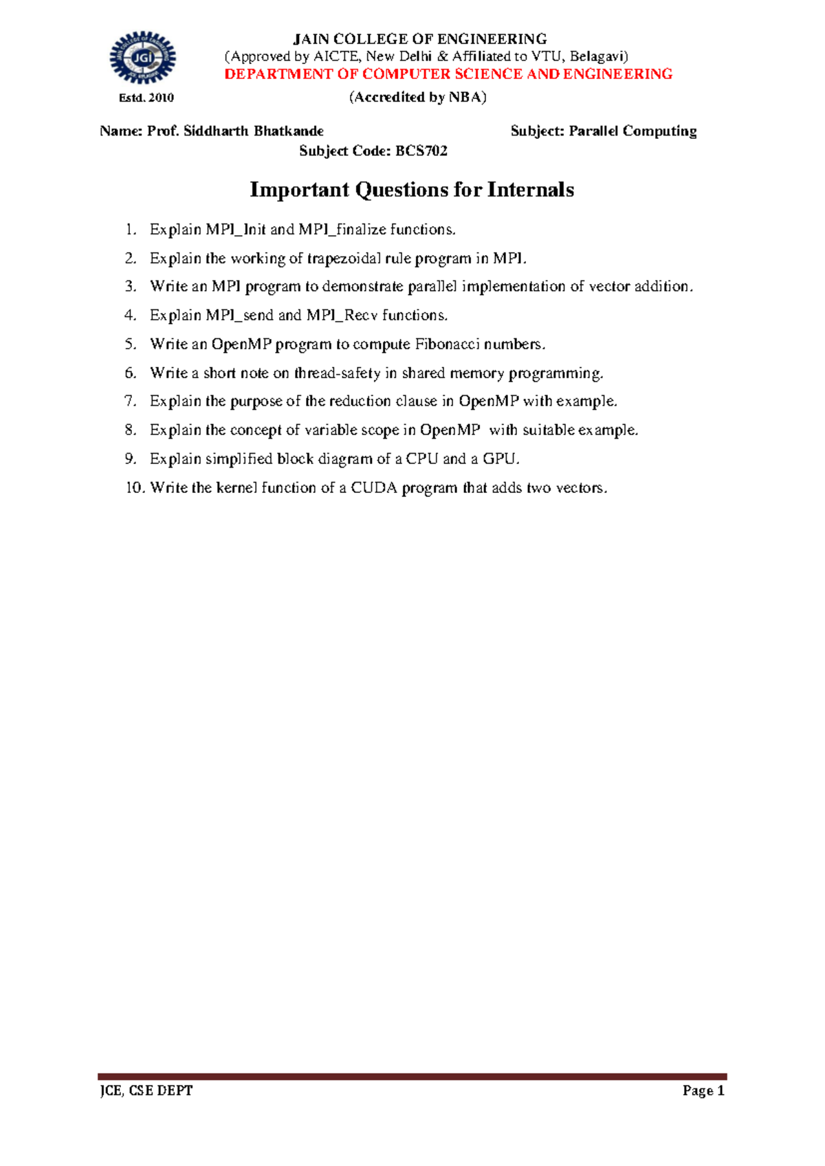 BCS702 Parallel Computing Important Questions for Internals - Studocu