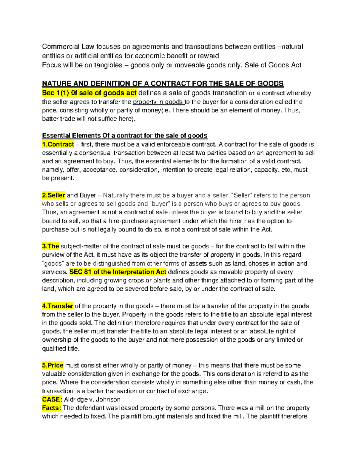 Commercial Law - Final Exam Lecture Notes on Sale of Goods Act - Studocu