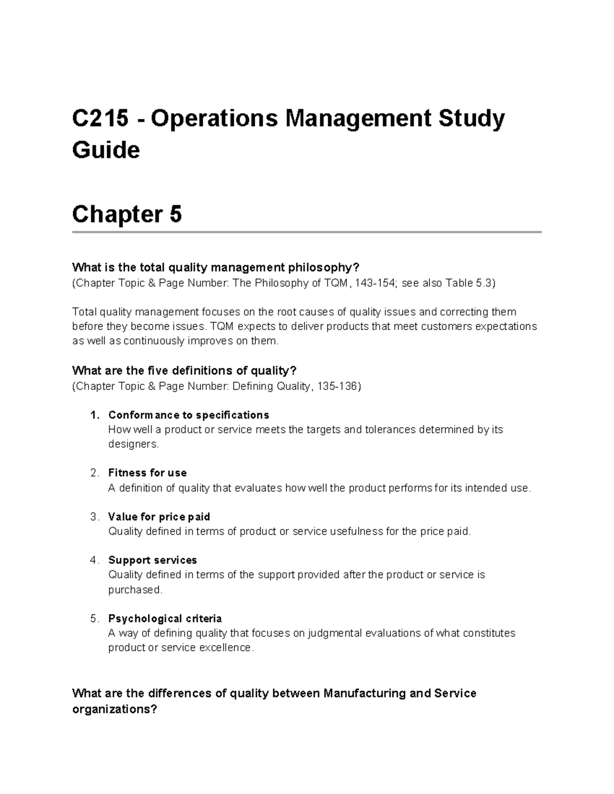 C215 - Operations Management Study Guide - C215 - Operations Management ...