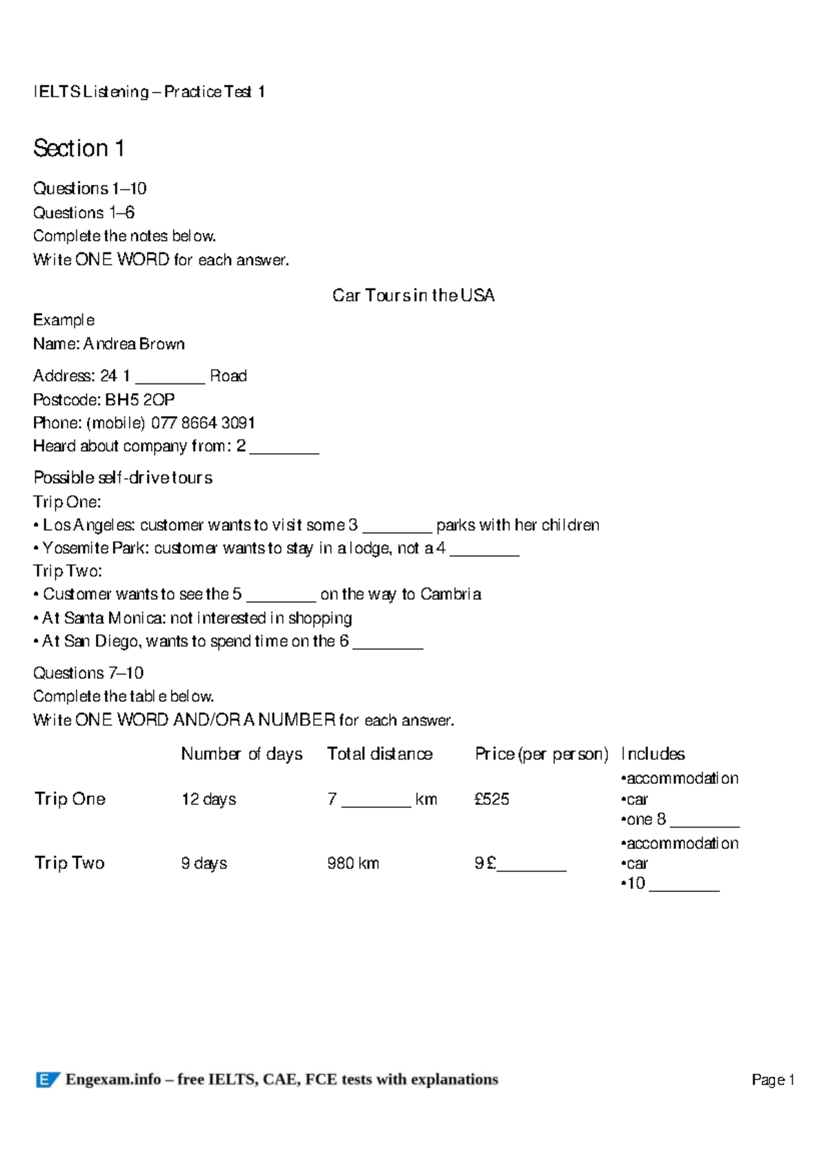 Ielts Listening Practice Test 1 Printable - Section 1 Questions 1 ...