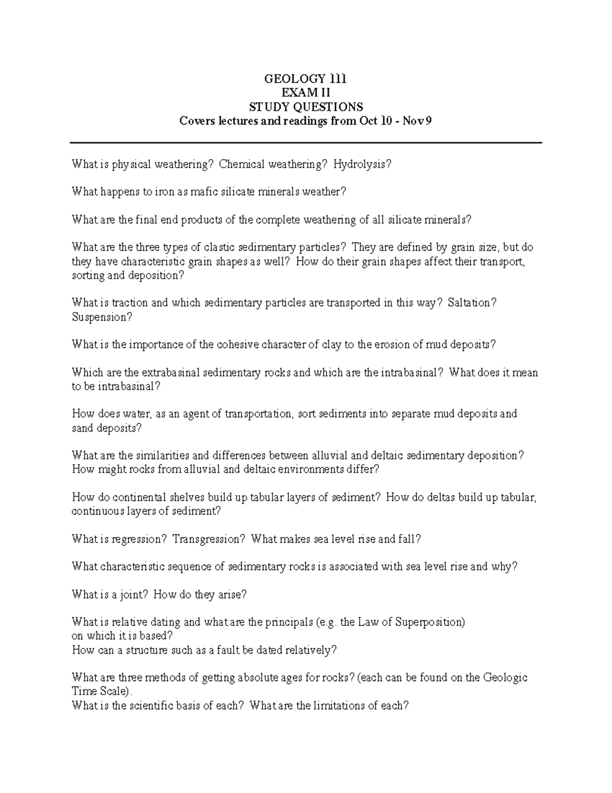 GEOLOGY 101: Exam II Study Questions (Oct 10 - Nov 9) - Studocu