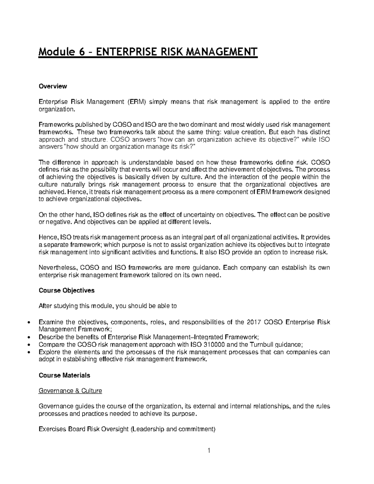 Module 6 - Comprehensive Overview of Enterprise Risk Management - Studocu