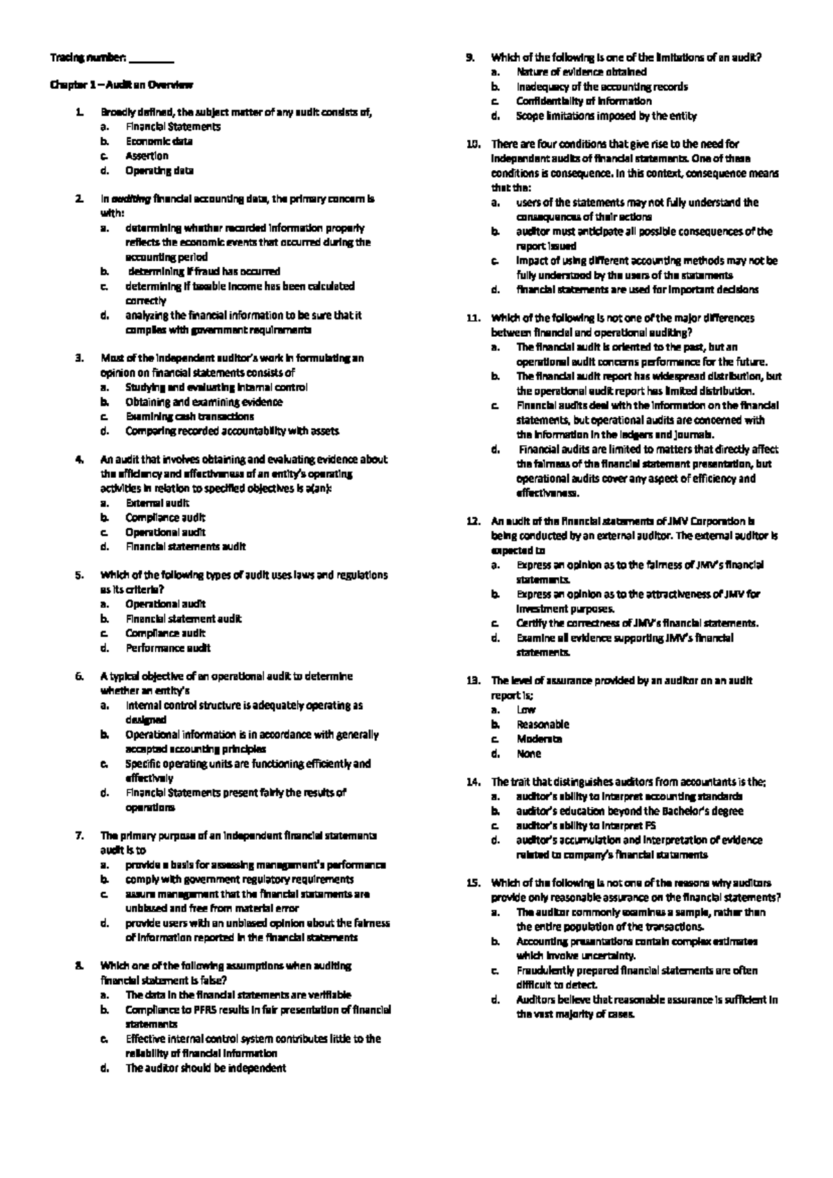 Sample Questions - Chap 1: Limitations & Objectives of Audits - Studocu