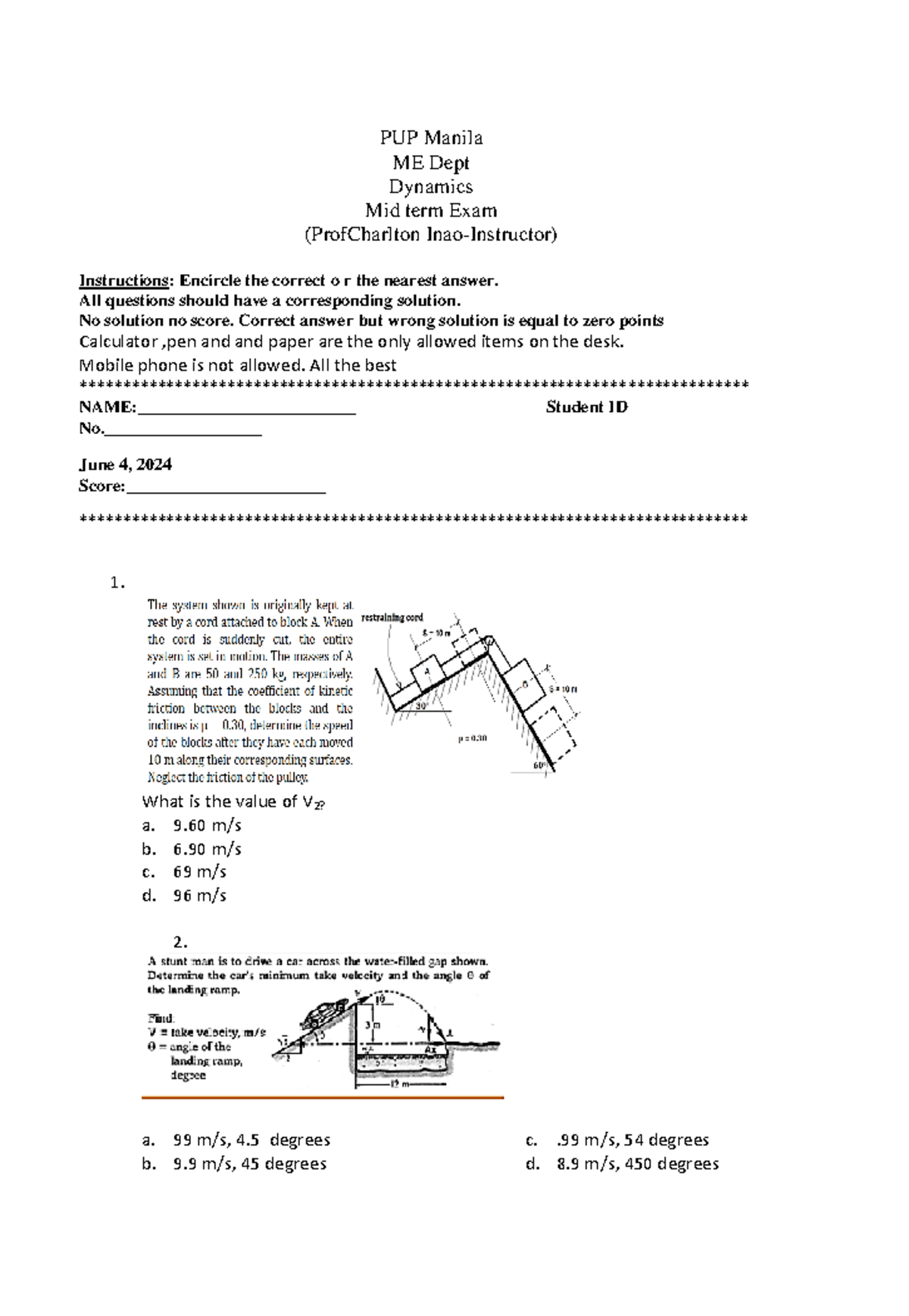 Dynamics Midterm Exam - ME Dept - June 4, 2024 - Studocu