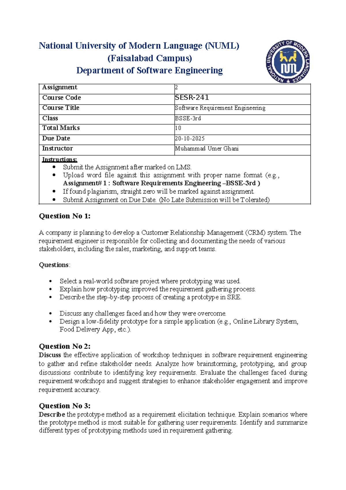Assignment 2: Software Requirements Engineering (SRE) Practice Notes ...