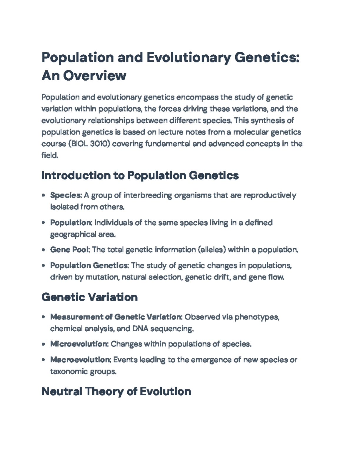 Population and Evolutionary Genetics Overview (BIOL 3010 Lecture Notes ...