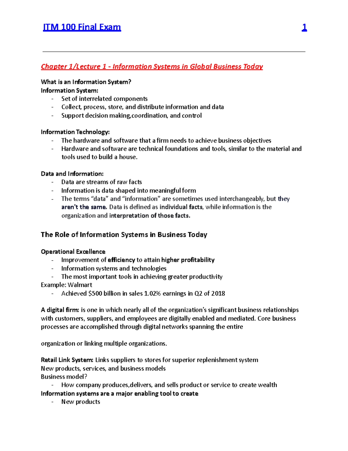 Final Exam Study Notes for ITM 100: Information Systems Overview - Studocu