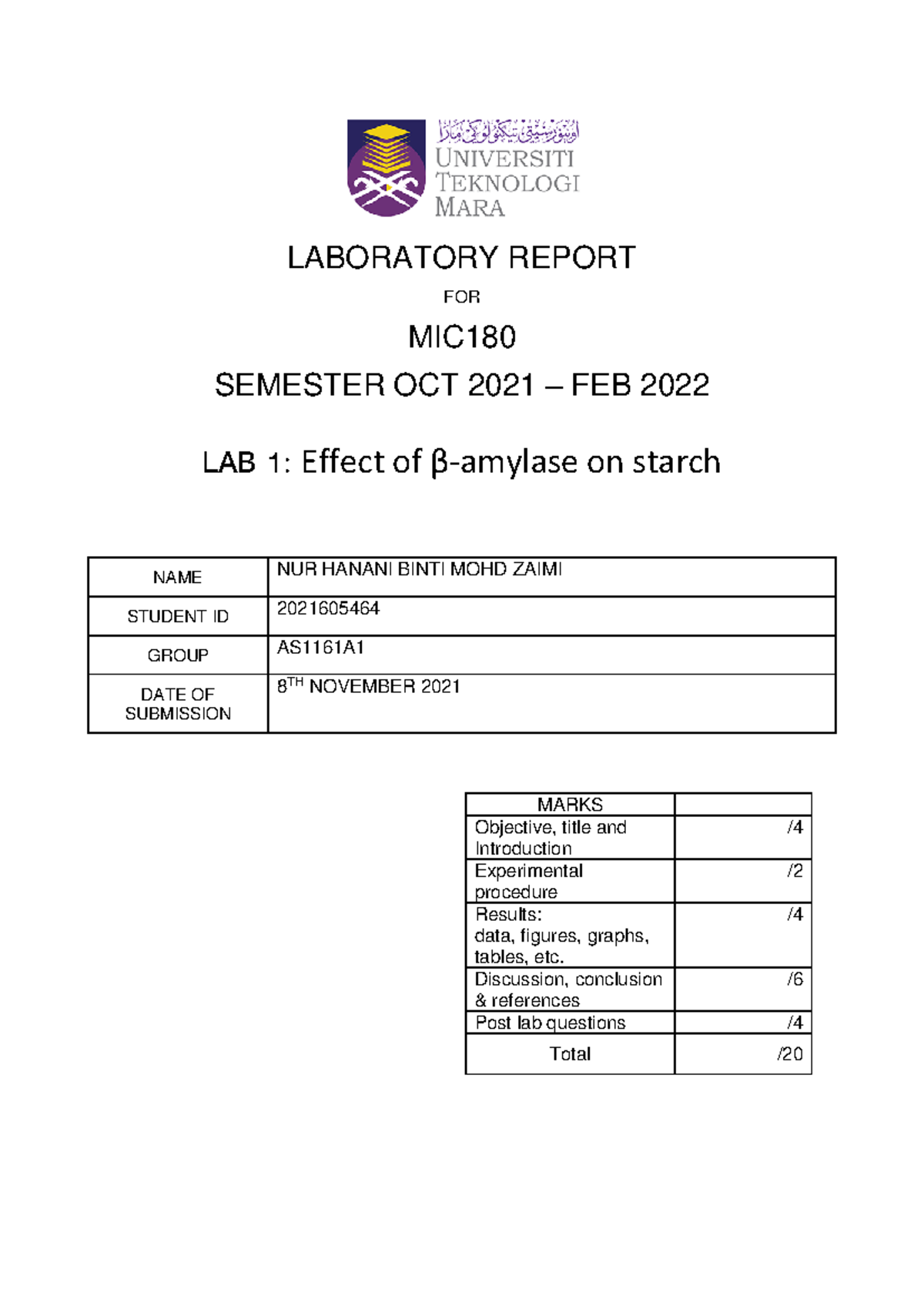 LAB Report 1 MIC180 - LABORATORY REPORT FOR MIC SEMESTER OCT 2021 – FEB ...