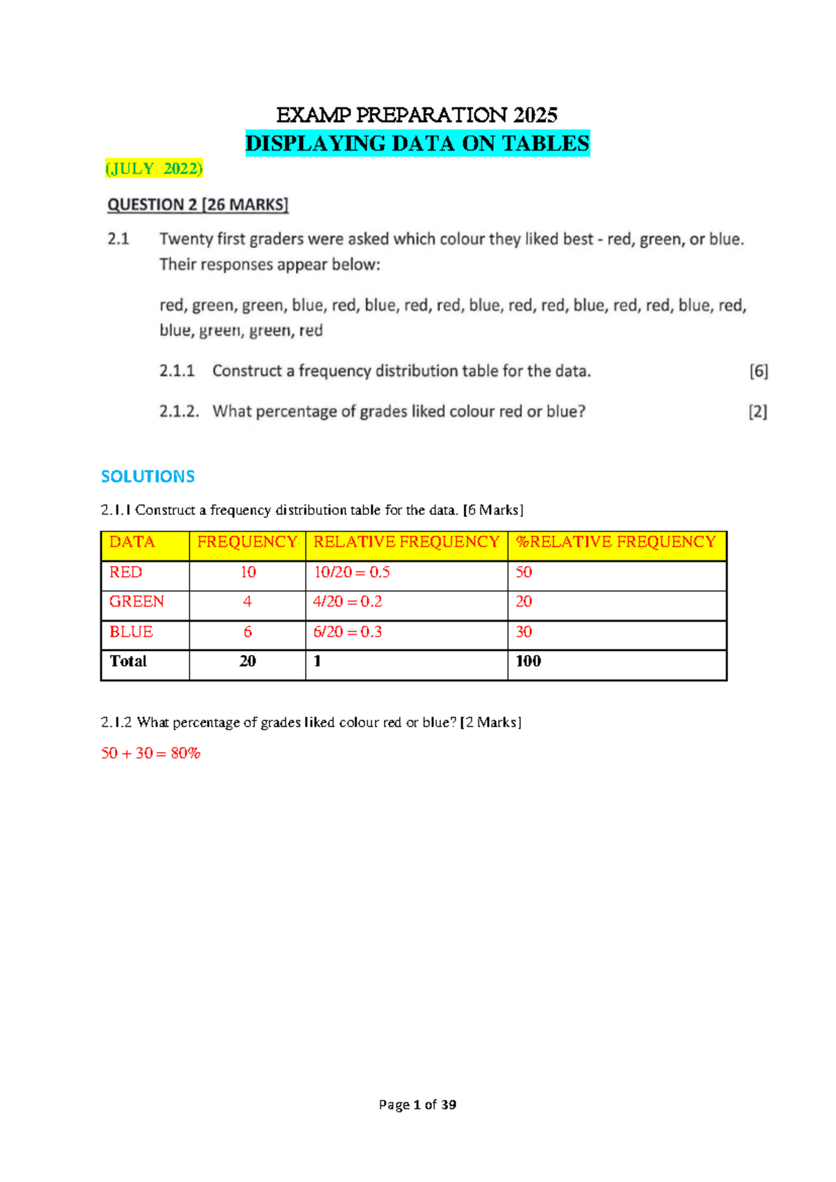 EXAM PREP 2025: DATA DISPLAY & PROBABILITY SOLUTIONS - Studocu