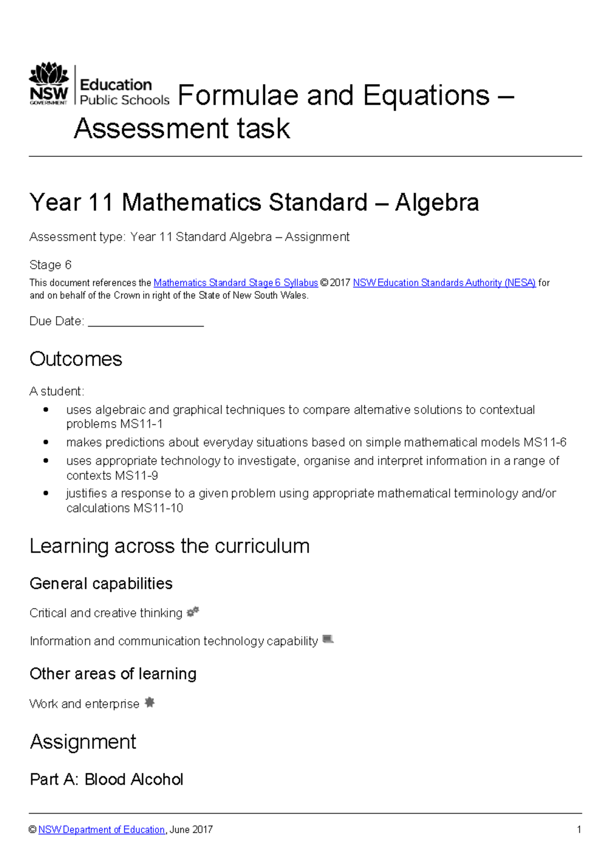Year 11 Mathematics Standard: Formulae & Equations Assessment Task ...