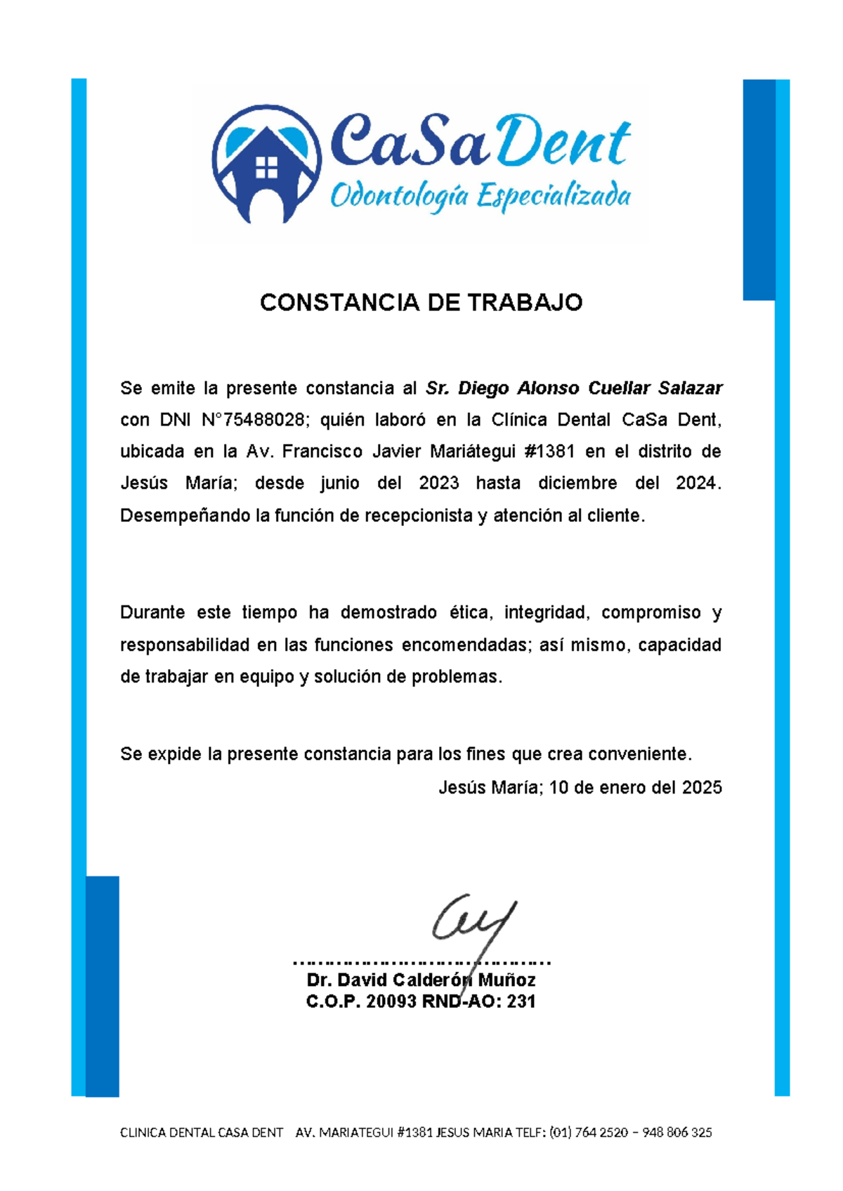 Constancia de Trabajo para Sr. Diego Alonso Cuellar - Clínica Dental  - Document Preview