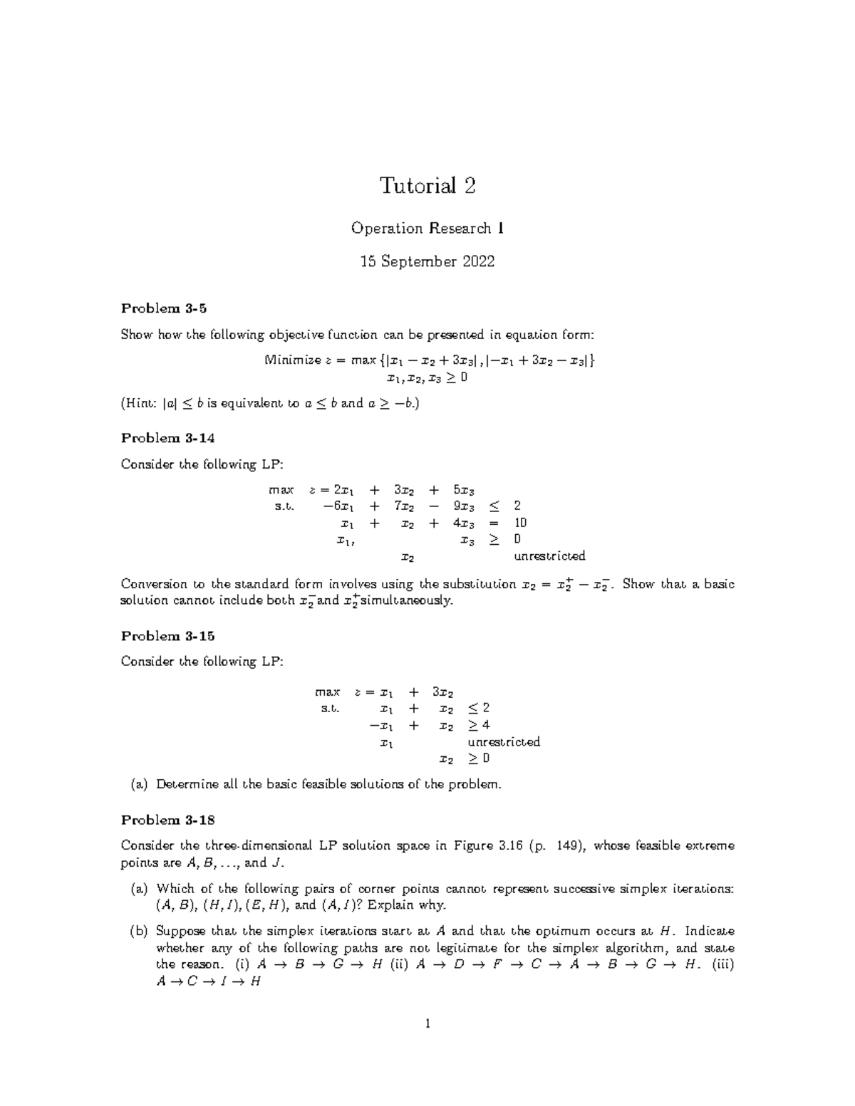 OR1 - LP - Tutorial 2 Problems and Solutions - Studeersnel