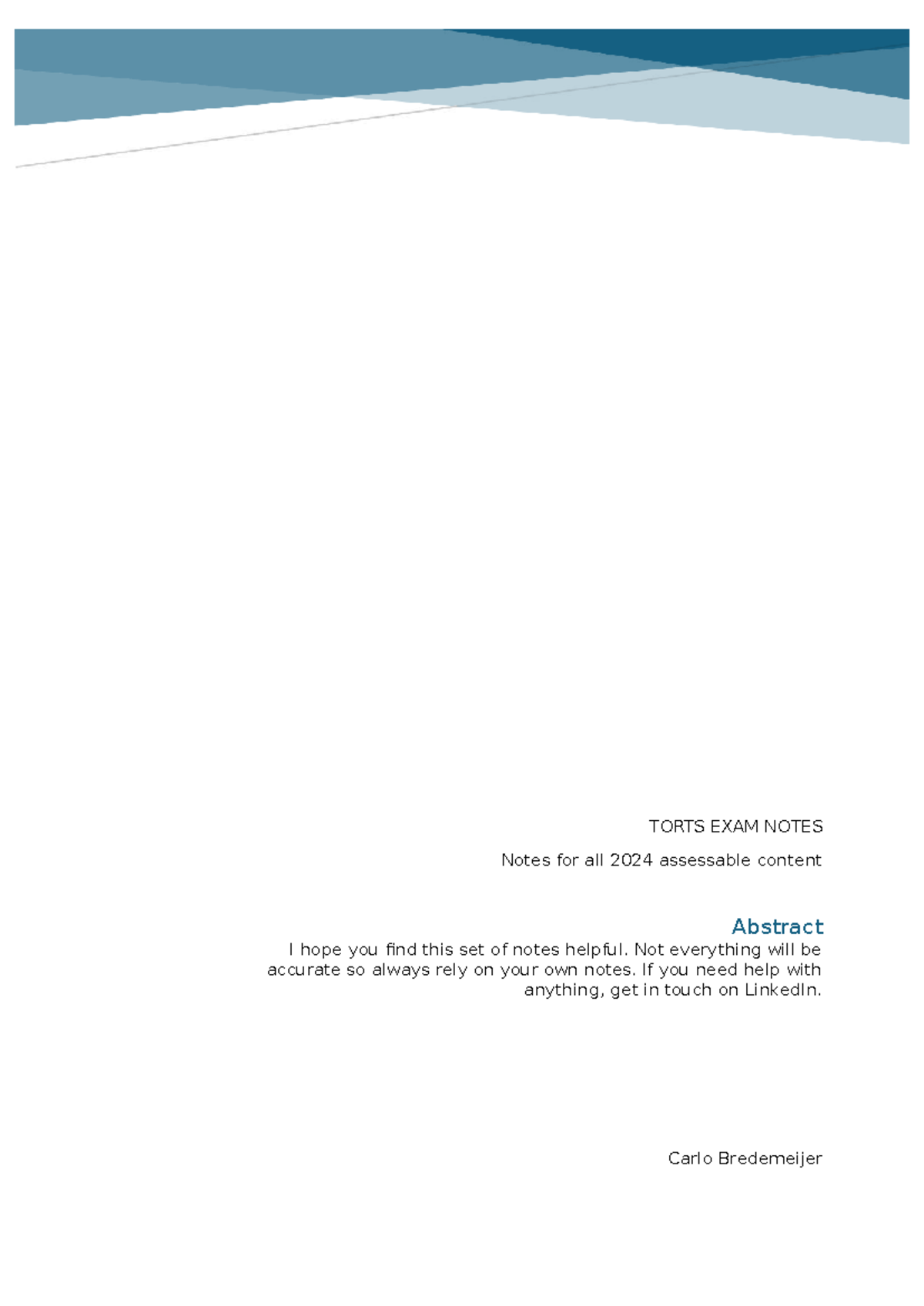 TORTS 2024 FINAL EXAM NOTES: Comprehensive Study Guide - Studocu