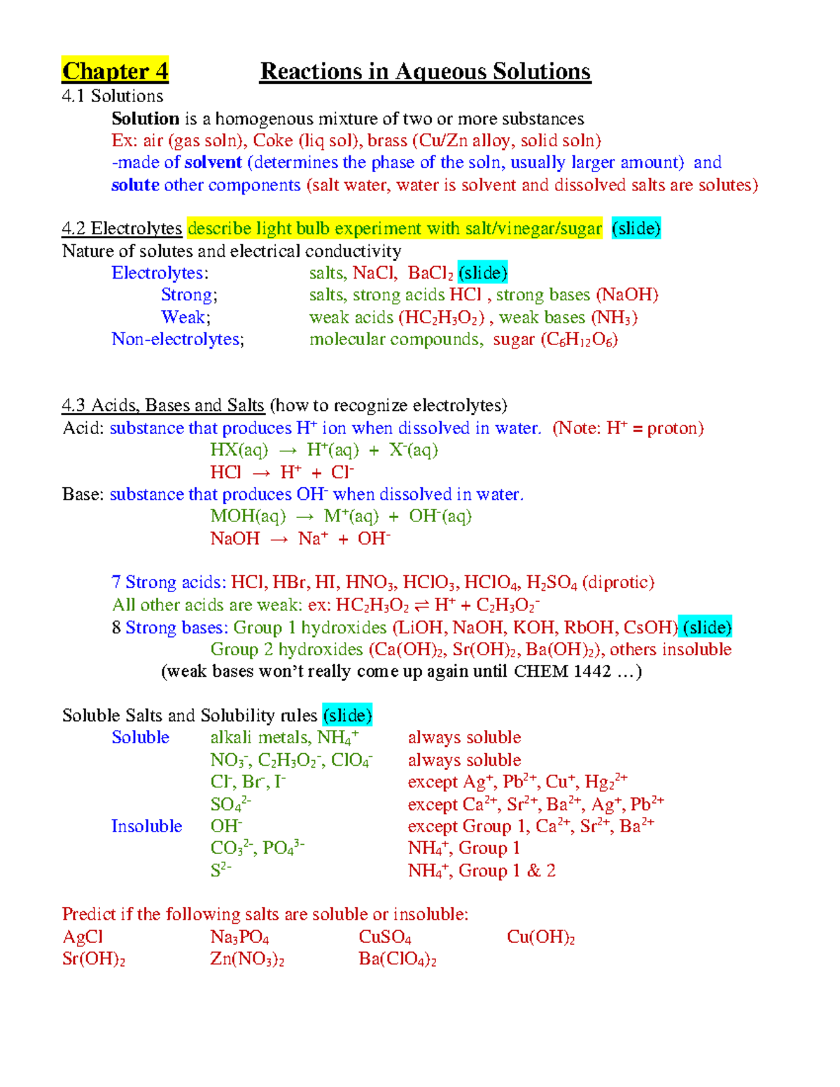 CHEM 1441 Chapter 4: Aqueous Reactions & Stoichiometry Notes - Studocu
