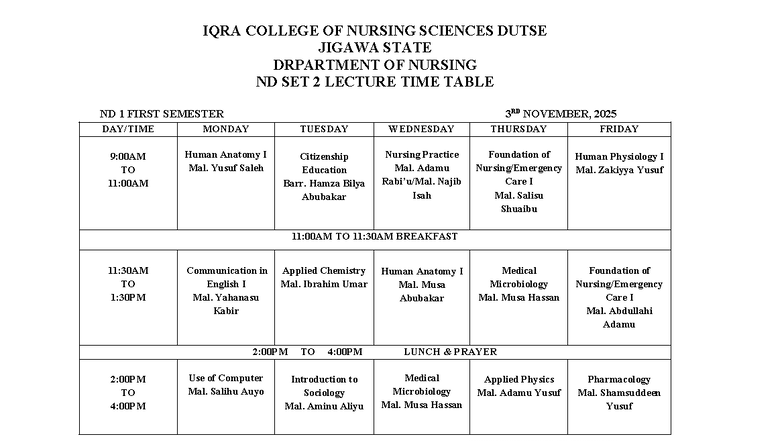 ND1FS 2025 Lecture Timetable for Nursing Sciences - Studocu