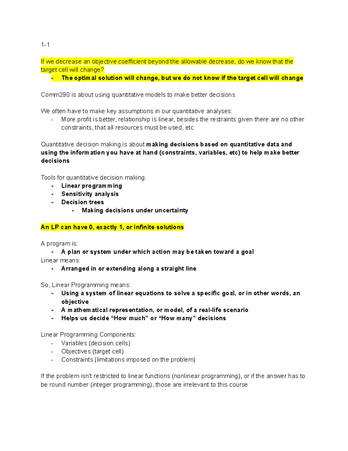 COMM290 Summary Notes - ... - 1- If we decrease an objective ...